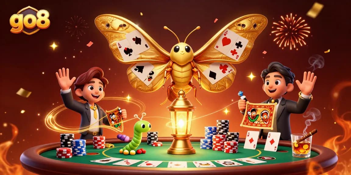 Experience exciting gameplay at go8 with a vibrant 3D casino scene full of poker elements.