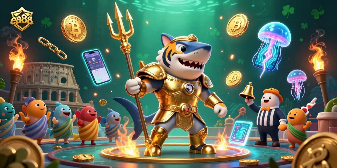 Win big with ea88 at the underwater casino featuring a fierce shark in gladiator armor.