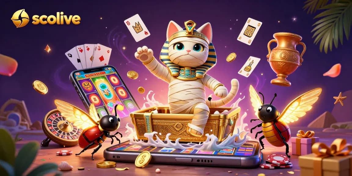 Socolive's Egyptian mummy cat and glowing scarab beetle animated in a vibrant casino scene, showcasing thrilling gaming action.