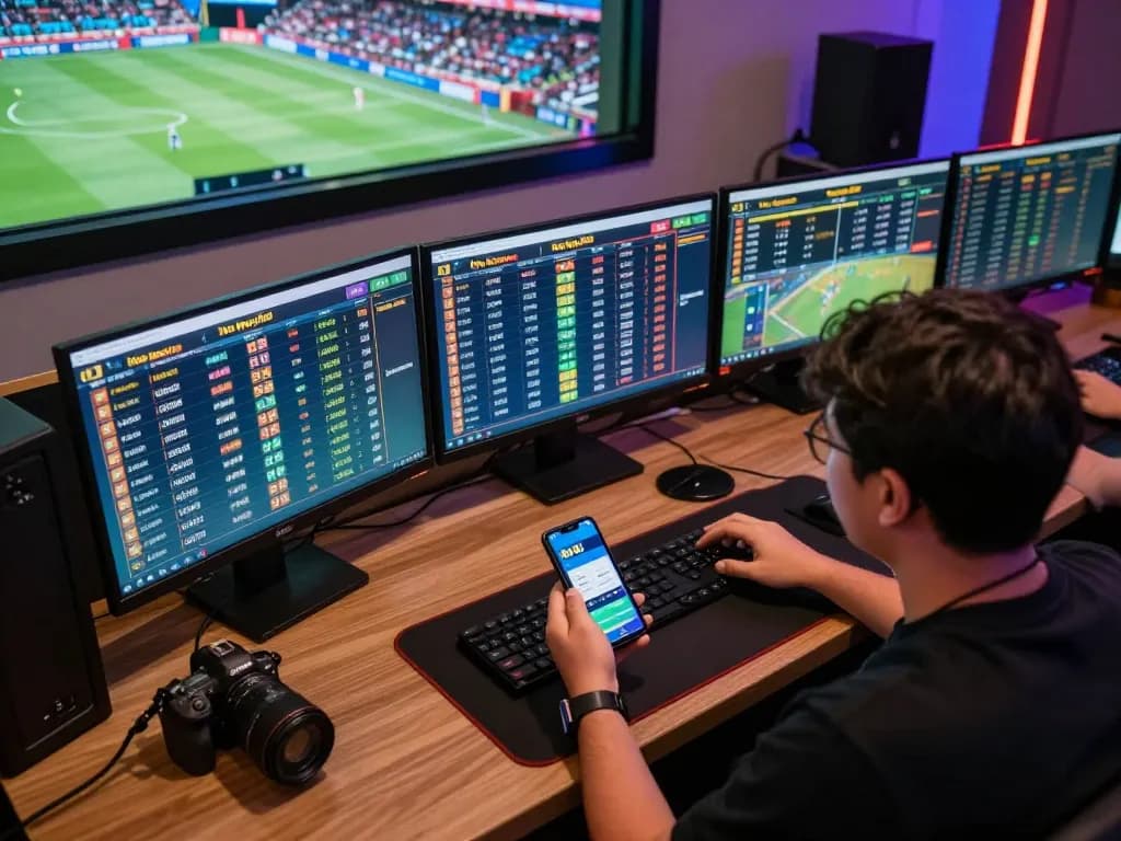 Engaged sports bettor analyzing kèo nhà cái 88 odds while using multiple screens in a modern workspace.