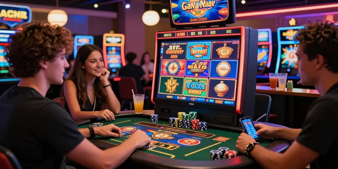 Exciting scene at non gamstop casinos with friends enjoying vibrant slot games and energetic atmosphere.
