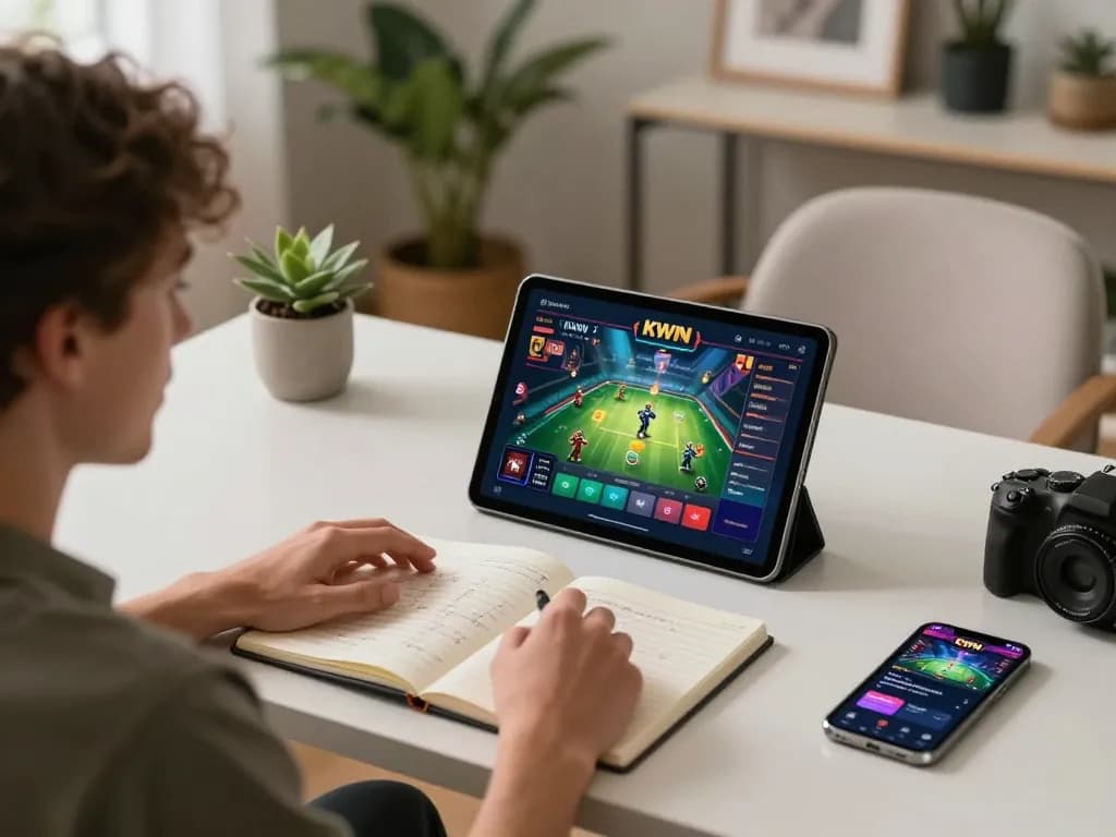 KWIN online gaming experience with user engaging in live casino action using a tablet, showcasing strategic gameplay.