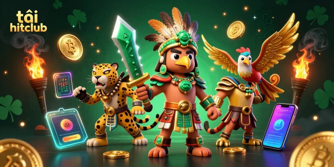 Engage with thrilling gameplay at tải hitclub, featuring vibrant Aztec warriors amidst crypto elements and casino action.