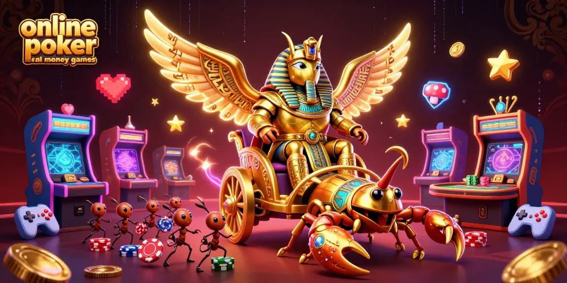 Experience online poker real money games with an illustrated scene of vibrant gaming action and strategic play.