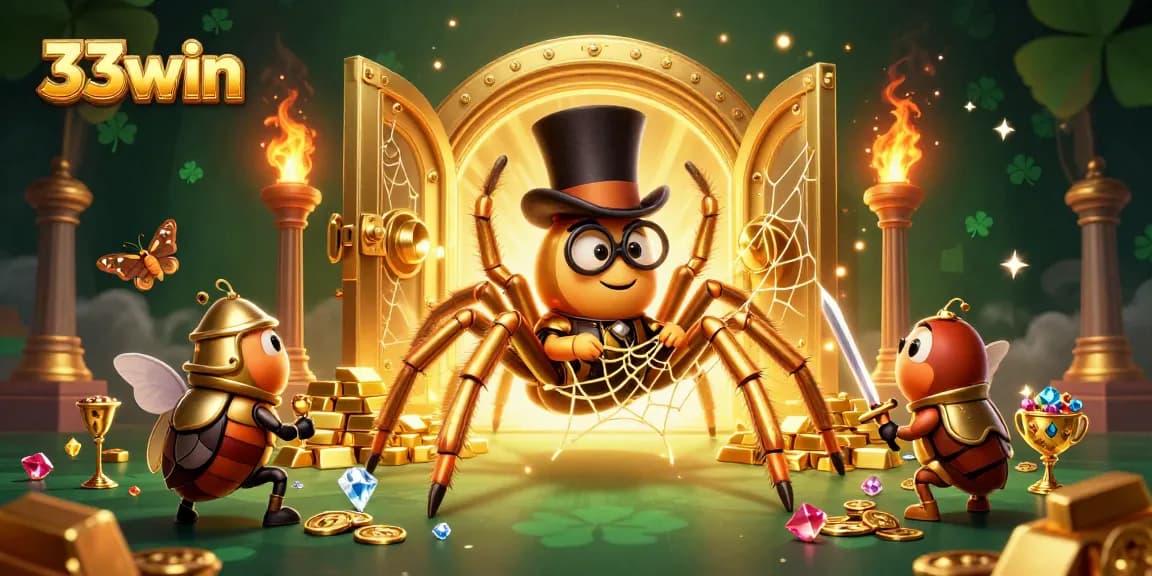 Witness 33win's golden adventure with a tarantula and knight amidst dazzling casino treasures.