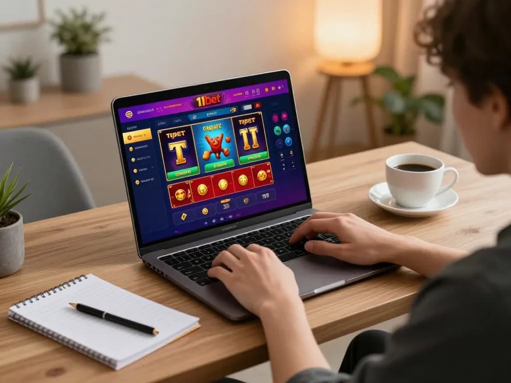 Engaging gameplay at 11bet online casino with a player focused on their laptop's screen.