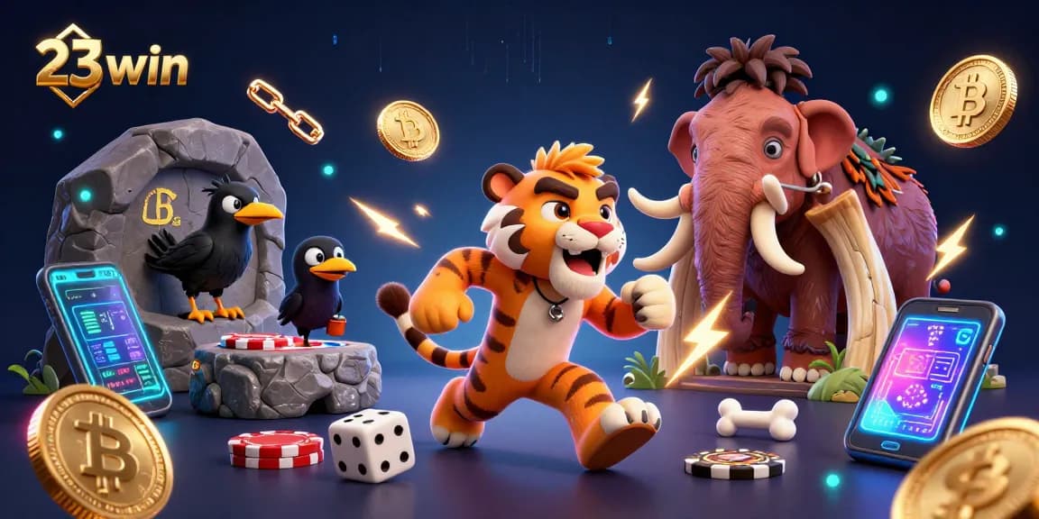 Experience thrilling action at 23win with a lively prehistoric casino featuring unique characters and vibrant crypto elements.