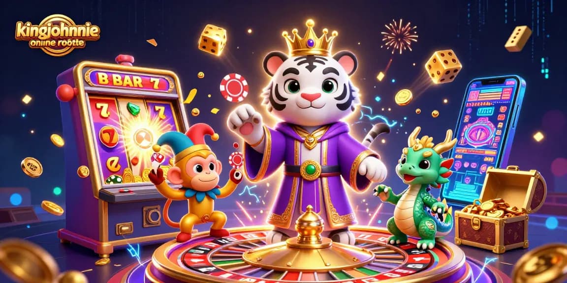 Experience kingjohnnie online roulette with vibrant visuals featuring a royal tiger and lively characters.