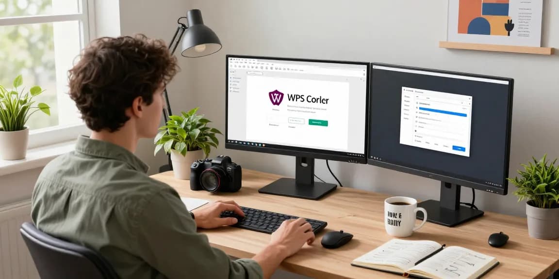 WPS Download guide showcased in a modern home office setting with productivity tools.