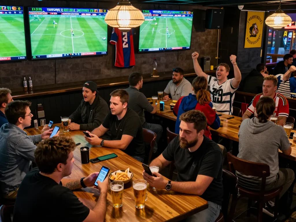Kết quả bóng đá displayed on multiple screens as fans engage in live betting at a sports bar