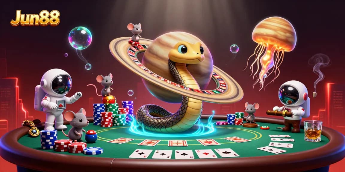 Experience thrilling bets with Jun88 featuring cosmic characters and casino elements.