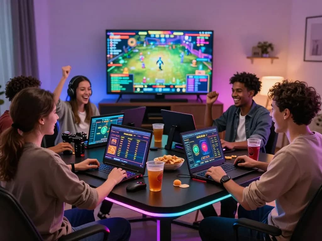 Friends enjoying MM88 online gaming experience at home with vibrant atmosphere.