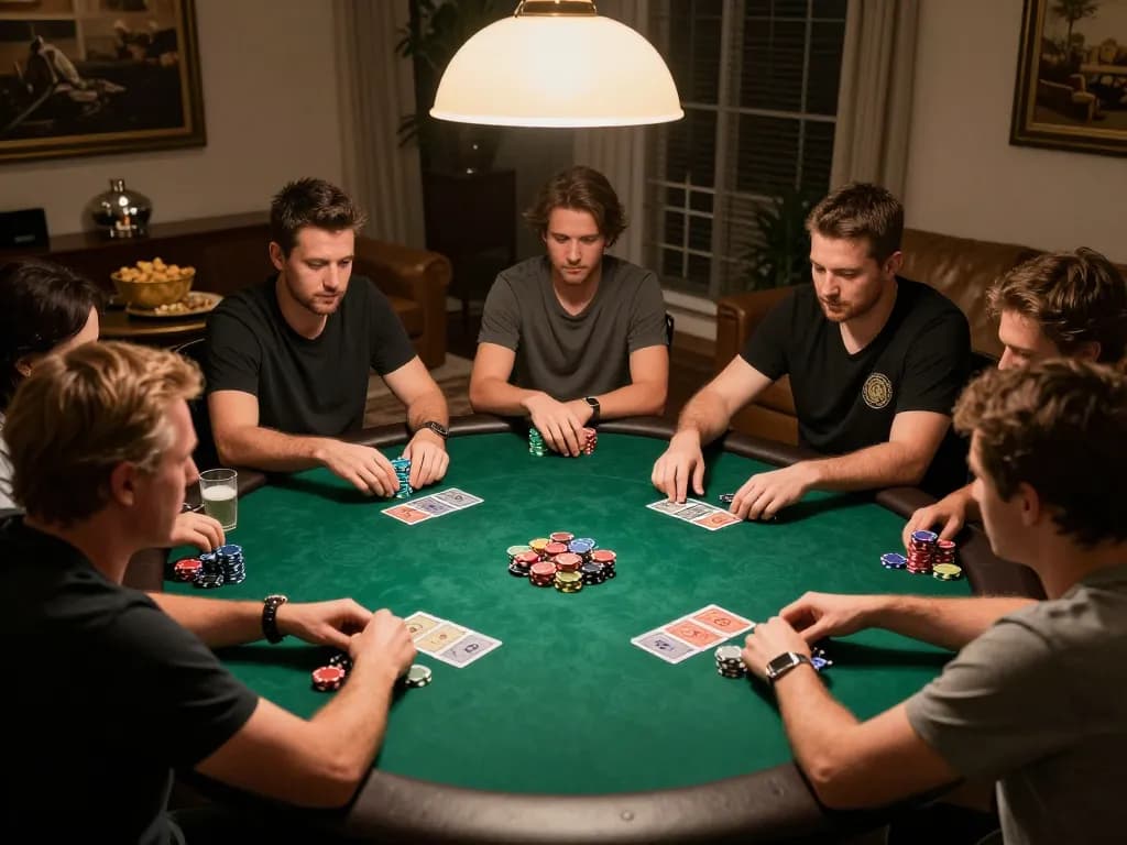 xx88 pizza players engaging in serious poker strategy during a lively home game night