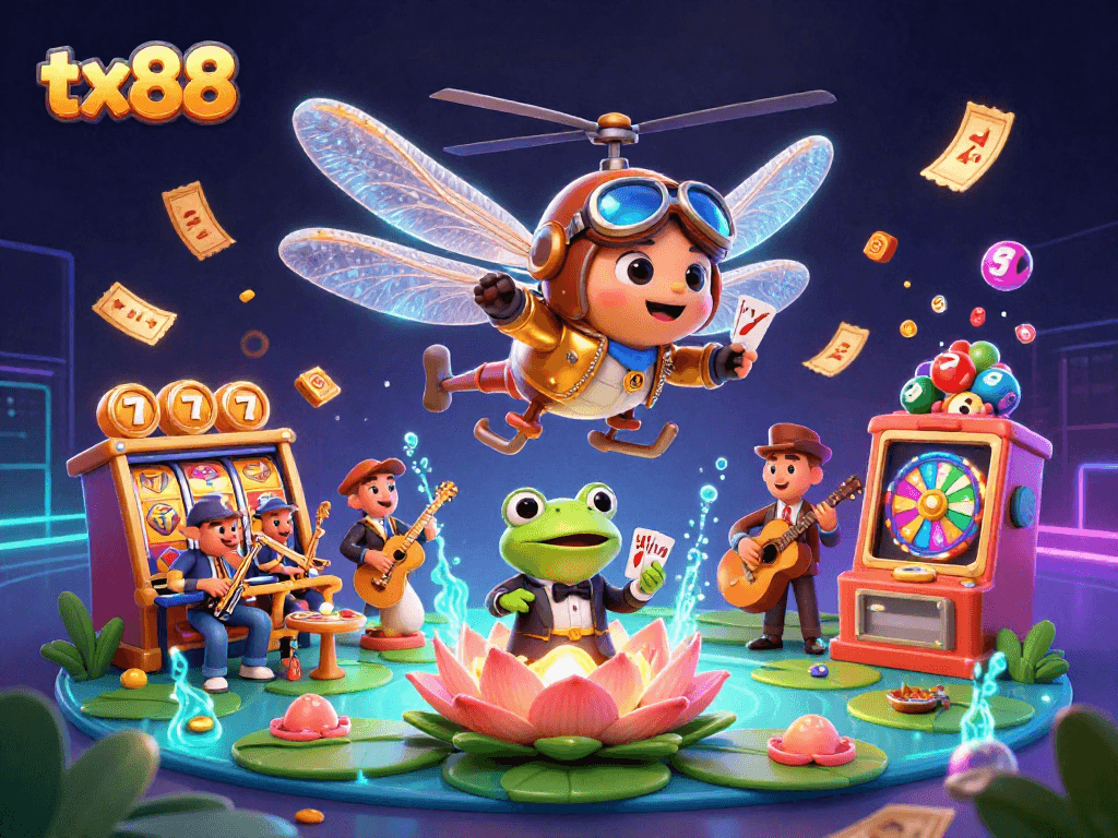 tx88 offers engaging online gaming experiences as a 3D dragonfly pilot interacts with lively casino elements.