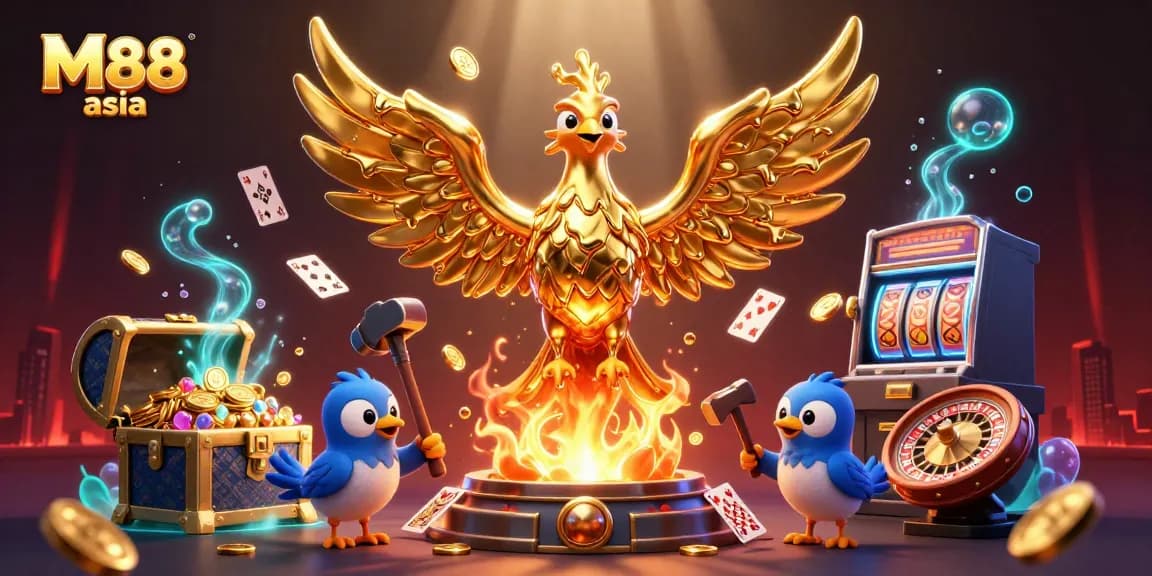 Experience M88 asia's dynamic gaming scene with a golden phoenix and molten gold coins.