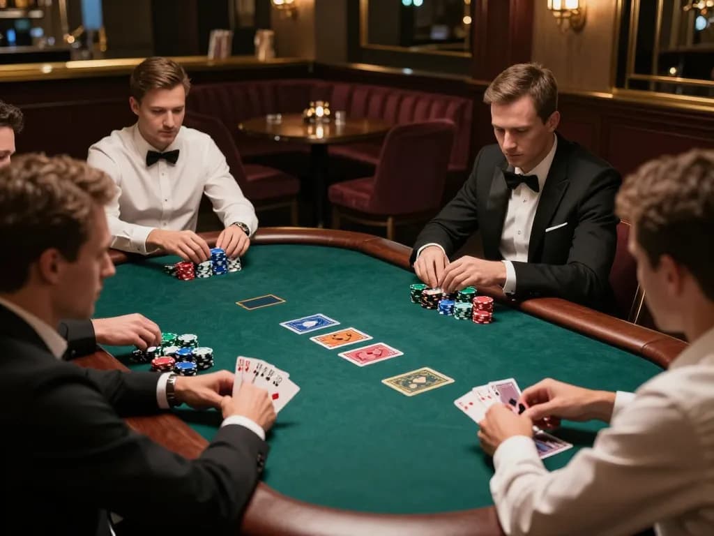 Engaged players strategizing at a poker table with vuabet88i, showcasing a high-stakes game atmosphere.