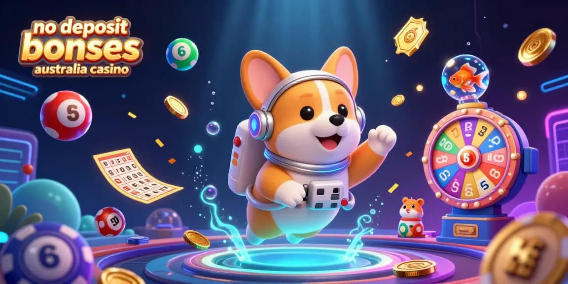 No deposit bonuses Australia casino illustrated with a 3D astronaut corgi in a vibrant space casino scene.