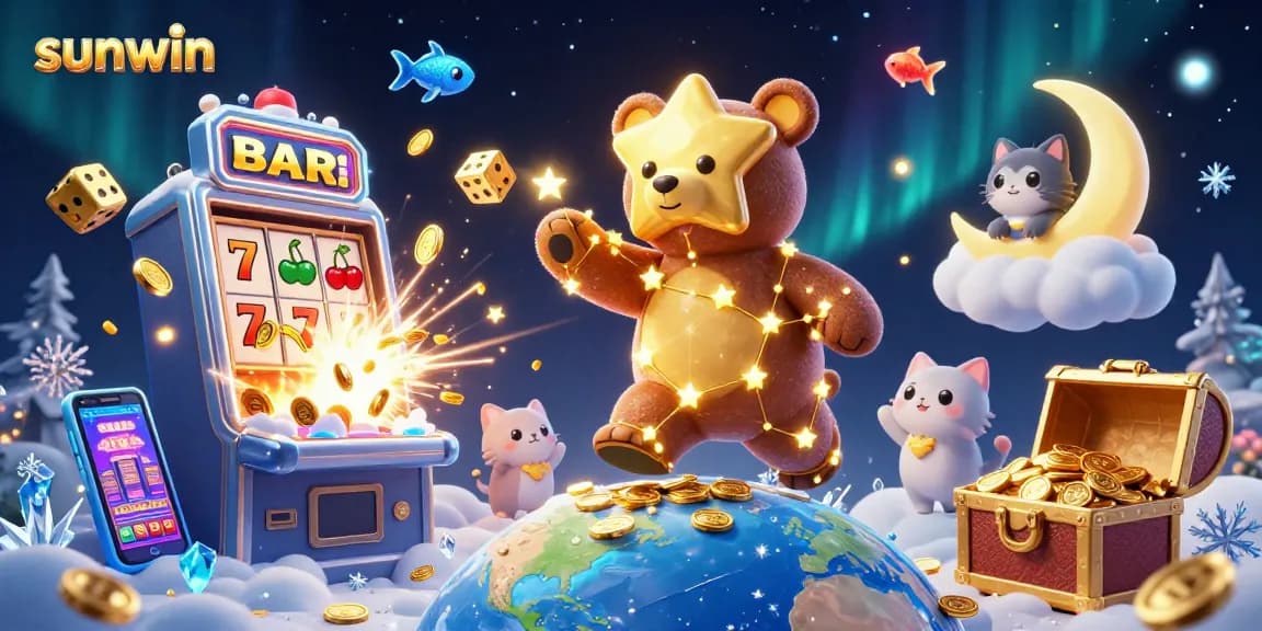 Win big with sunwin in this vibrant 3D illustration featuring casino elements and characters.