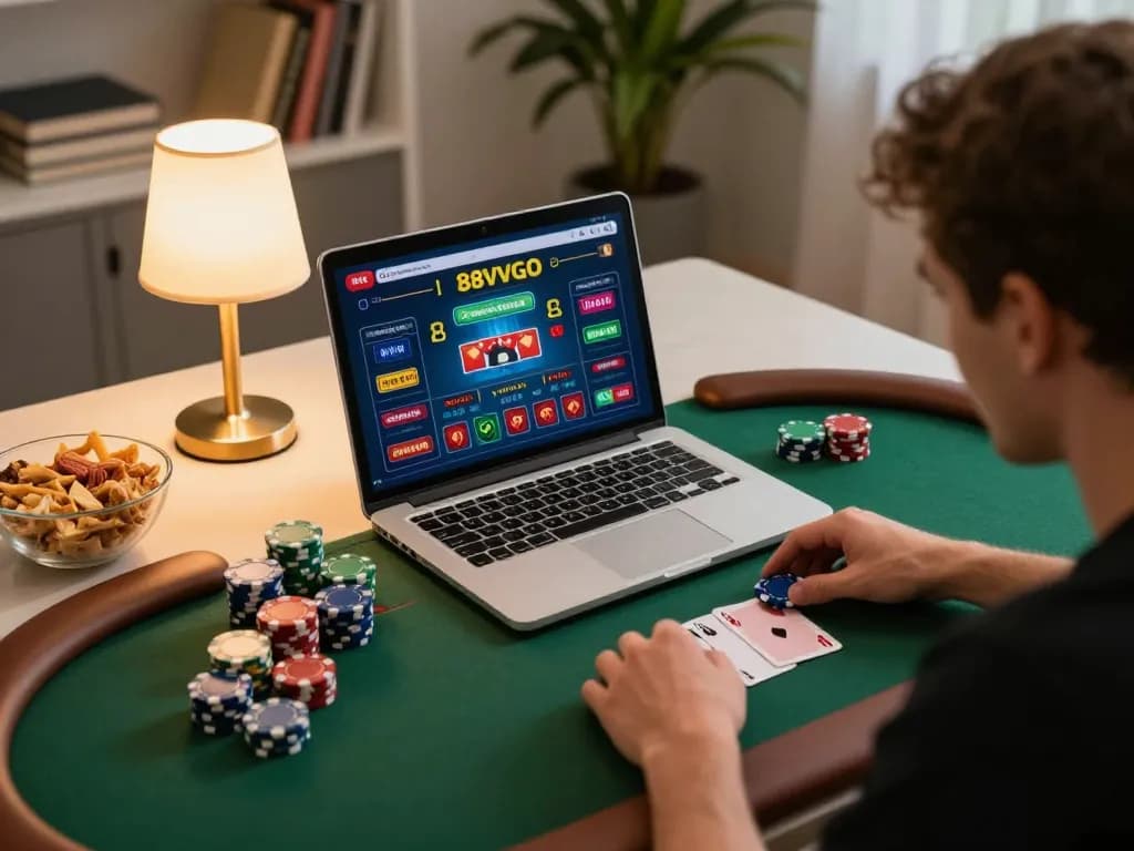 Player engaging in online poker with 88vvgo interface, showcasing lively at-home gaming atmosphere.