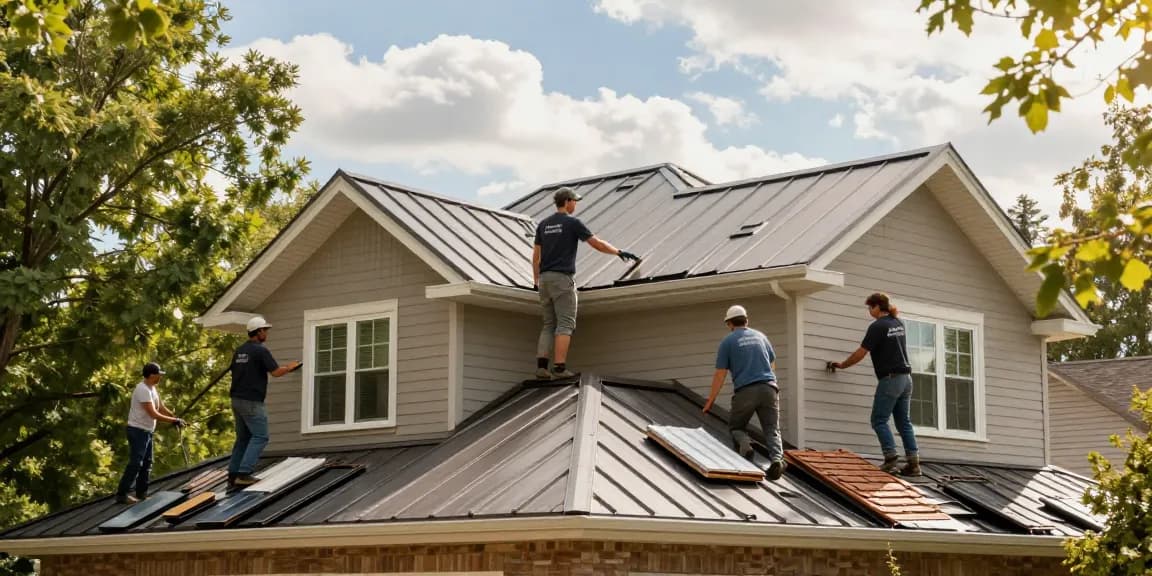 Metal roof installation Mississauga showcasing skilled roofing crew completing a project on a sunny day.