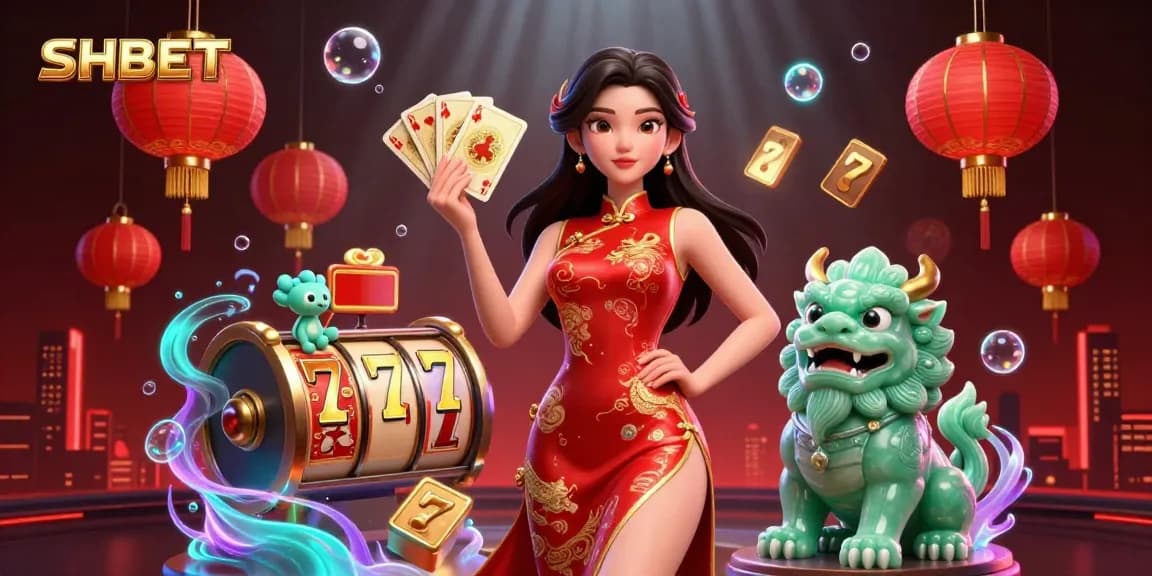 Experience SHBET with lively 3D casino illustration showcasing a woman in qipao holding playing cards.