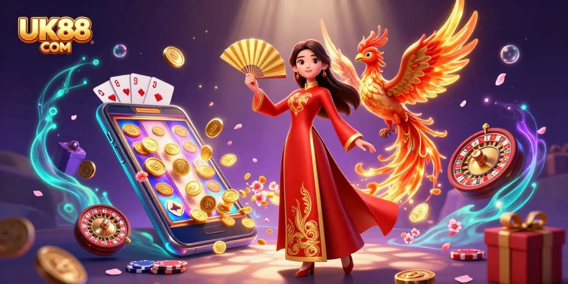 Experience thrilling action with UK88 COM's vibrant gaming scene featuring an enchanting woman and golden phoenix.