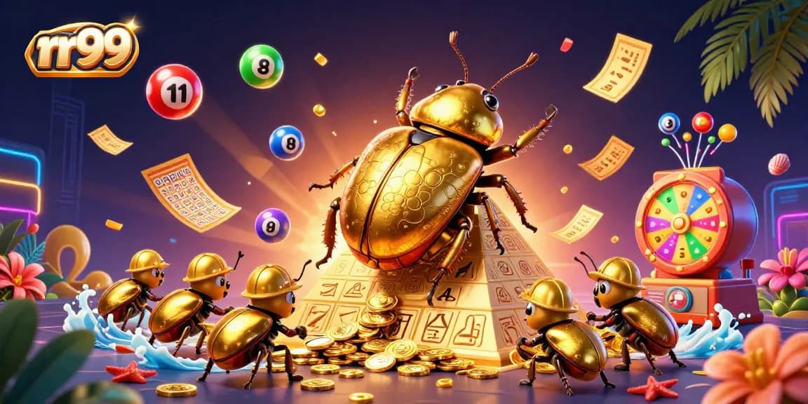 Engage in thrilling games at rr99 with vibrant illustrations of fun lottery balls and casino elements.