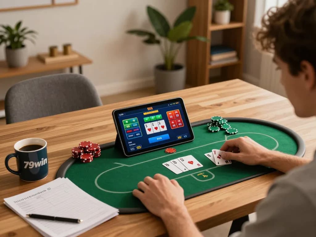 Engaging with 79win online casino games on a tablet in a cozy home setting