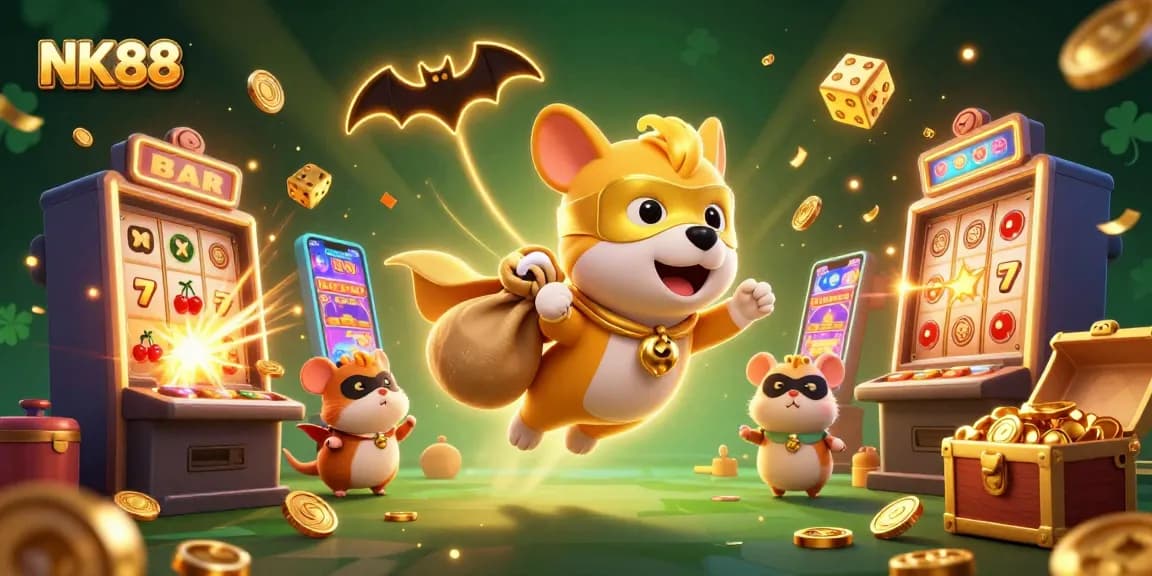 Experience thrilling gameplay at NK88 with a superhero dog and gold coins amidst dynamic casino elements.