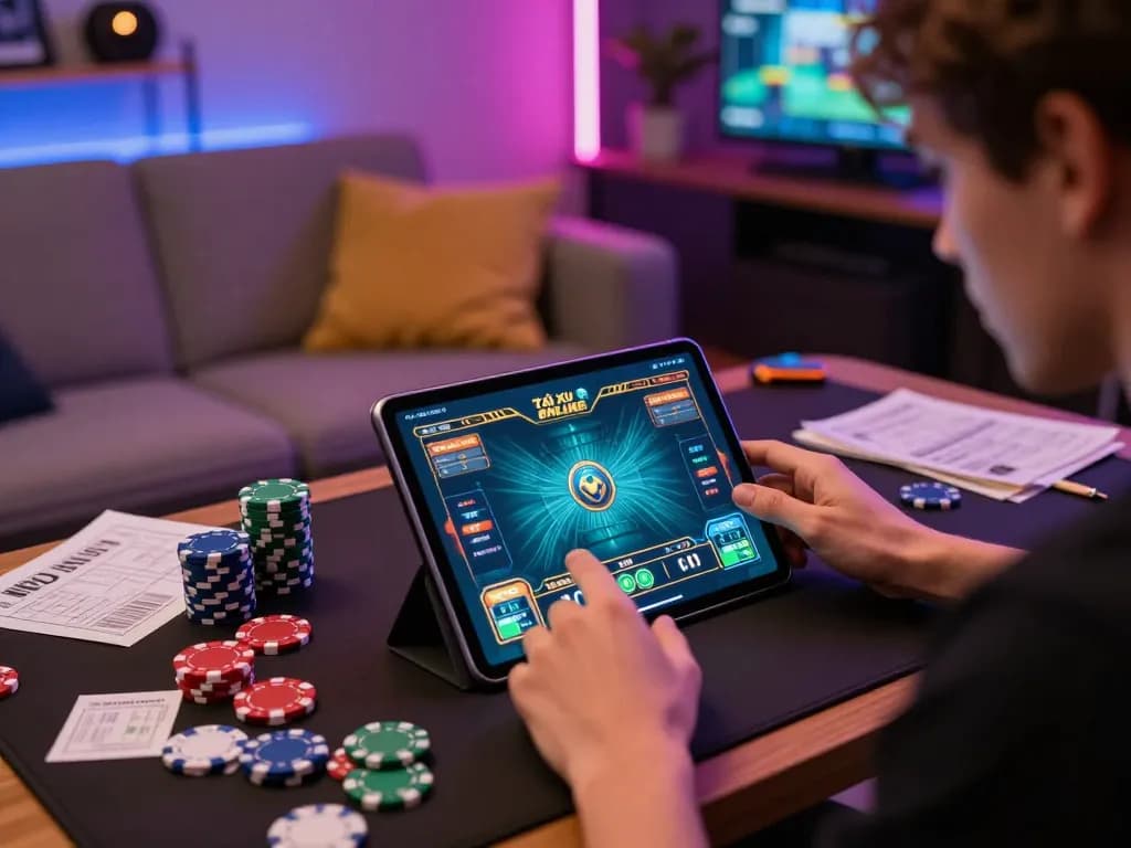 Engaging with app tài xỉu online on tablet amidst strategic notes and poker chips, cozy gaming atmosphere.