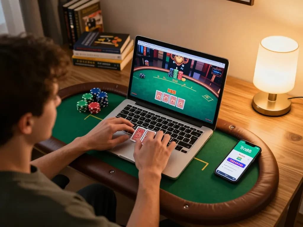 Tải app Tic88 on smartphone next to a laptop showing engaging poker gameplay in a cozy home setup.