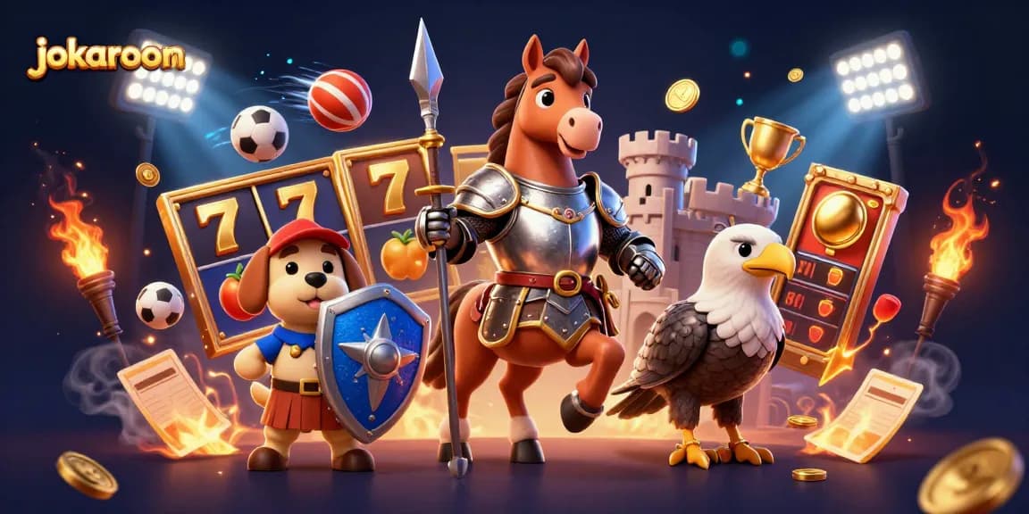 Engage with jokaroom’s dynamic casino scene featuring knights, puppies, and fun elements.