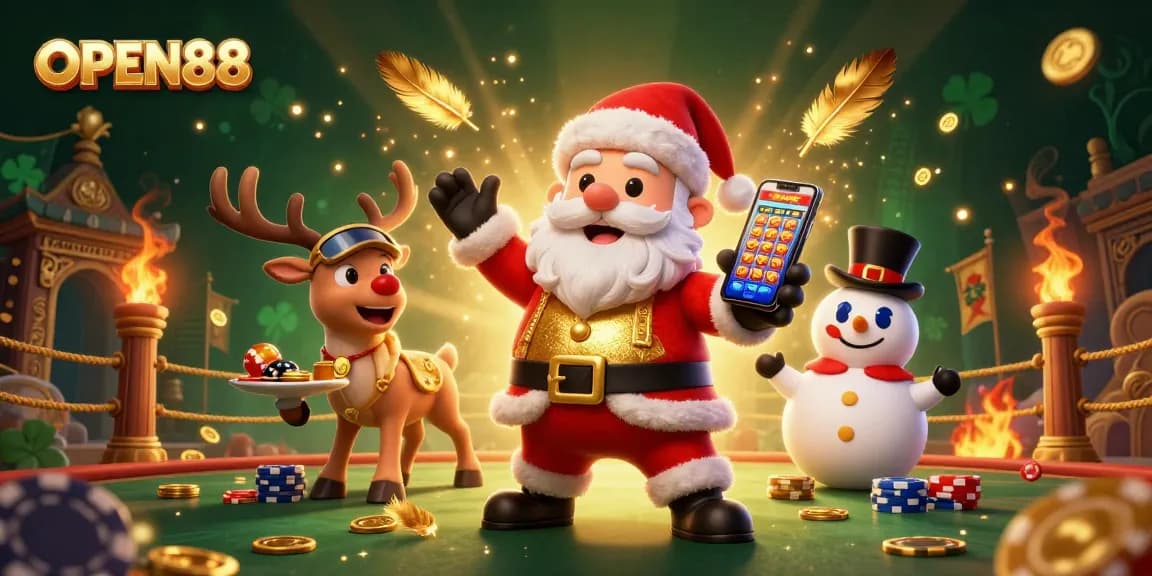 Join the excitement at OPEN88 with festive characters celebrating jackpots in a vibrant casino scene.