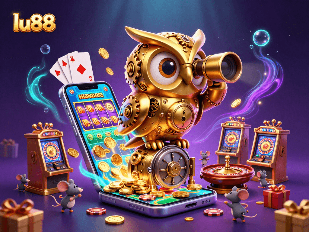 Spin vibrant slot games at lu88 with a golden owl overseeing the action and lively casino atmosphere.