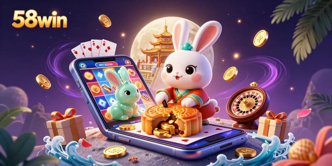 Engage in thrilling casino adventures with 58win's vibrant scene featuring moon rabbits and casino elements.