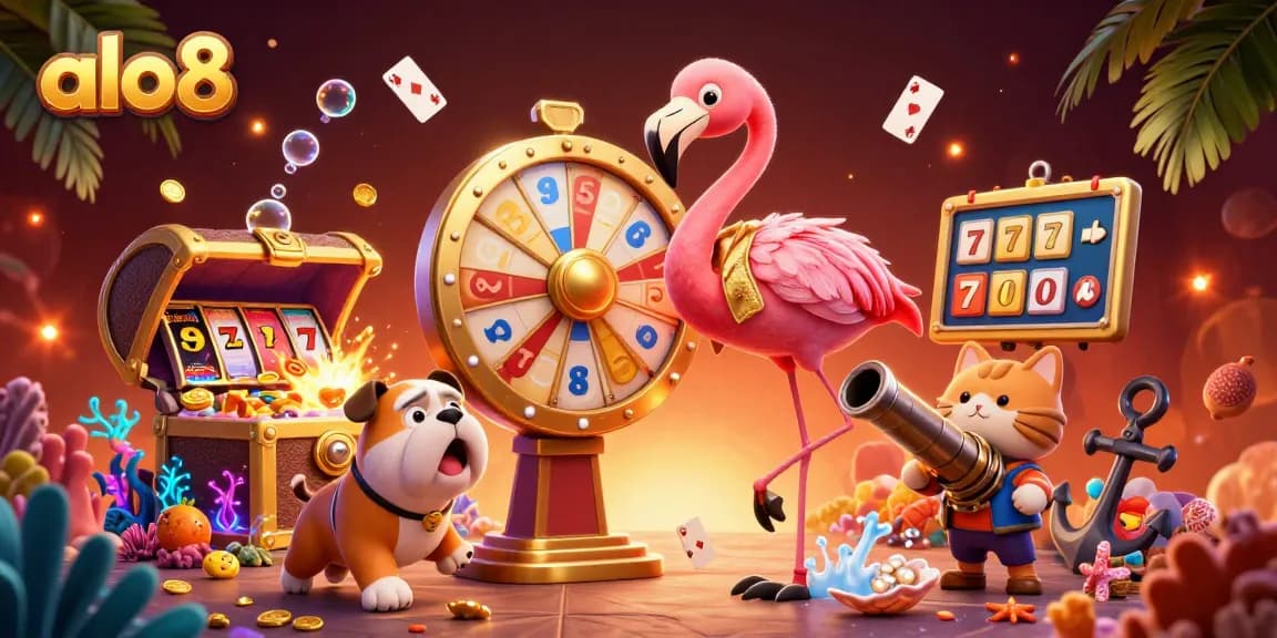 Alo8 presents an exciting casino scene featuring flamingo and bulldog characters, embodied in a vibrant, 3D illustration.