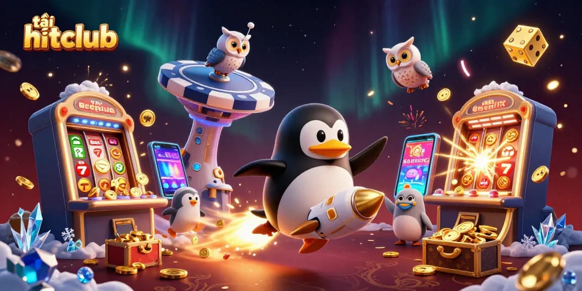 Experience the thrill of tải hitclub with the energetic golden penguin at a casino space station.