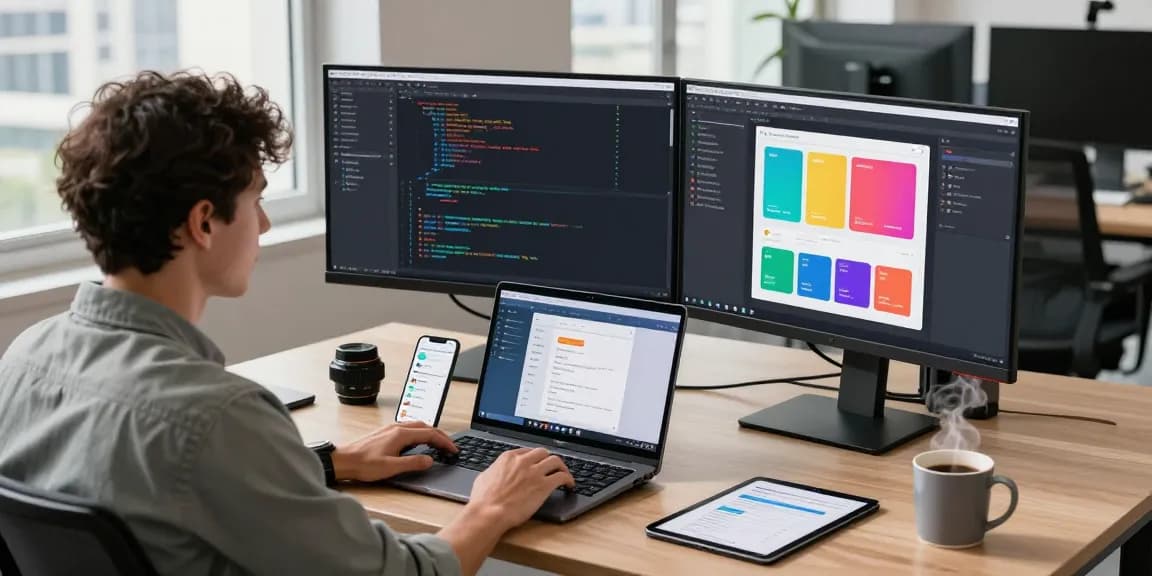 快连 software developer in a modern workspace using dual monitors for coding solutions in a contemporary office.