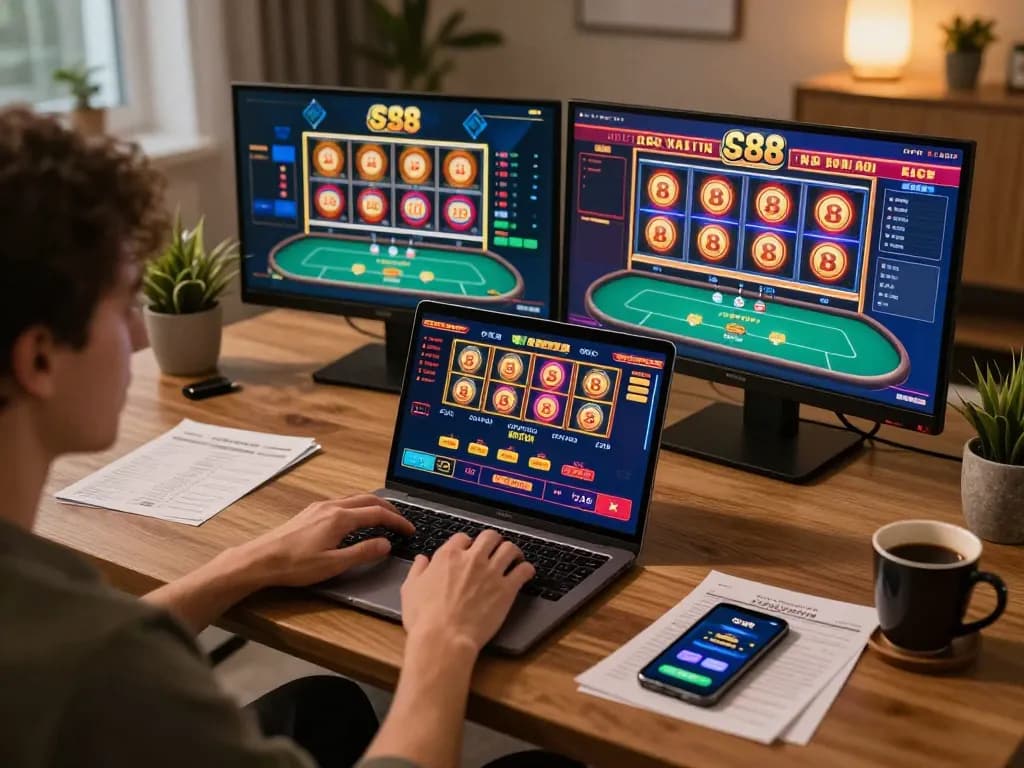 Player engaging in SC 88 online casino games on laptop during cozy home setup