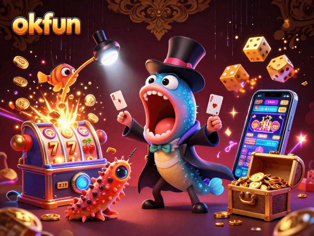 Spin to win with okfun's vibrant casino scene featuring animated card tricks and jackpots!