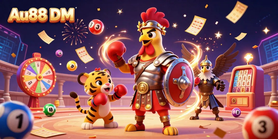 Experience the vibrant world of Au88 DM with an engaging 3D illustration depicting dynamic casino elements.