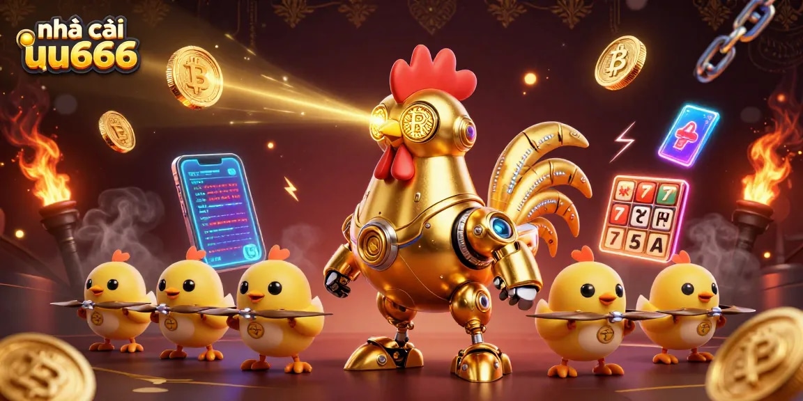 Action-packed scene showcasing nhà cái uu666 with golden rooster robot, crypto icons, and slot game elements.