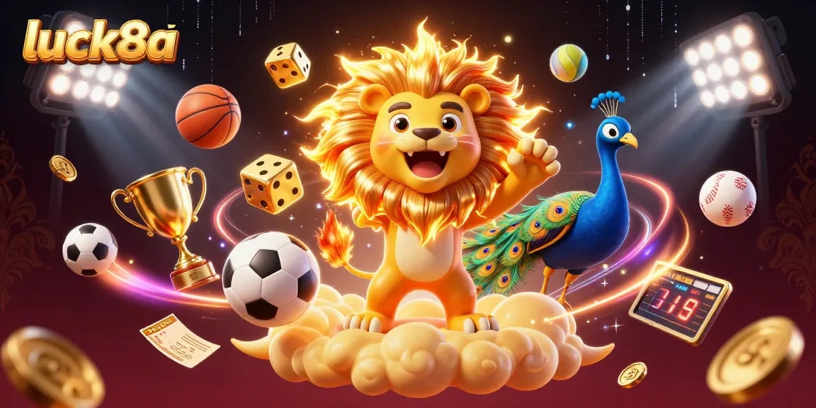 Experience the excitement of luck8a's vibrant casino scene with dynamic sports elements and a roaring lion.