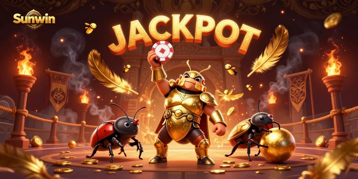 Engage with Sunwin's vibrant casino illustration showcasing a victorious beetle amidst dynamic gambling elements.