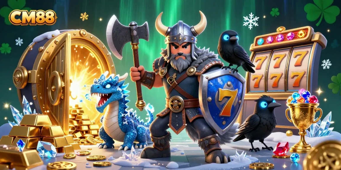 Experience thrilling wins at CM88 with a Viking warrior, fierce dragon, and treasures in a colorful casino world.