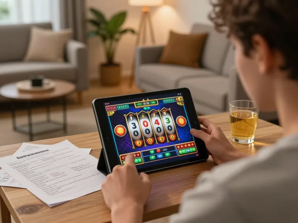Player strategizing on jus77 slot game at home with tablet and notes.