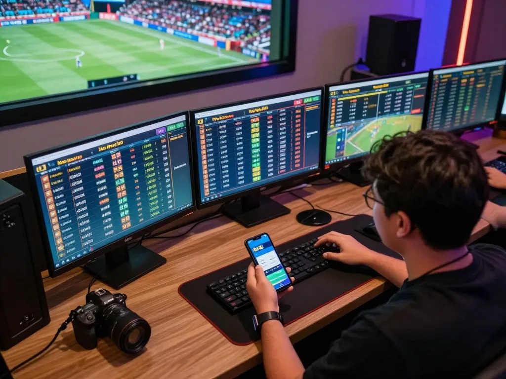 Engaged sports bettor analyzing kèo nhà cái 88 odds while using multiple screens in a modern workspace.