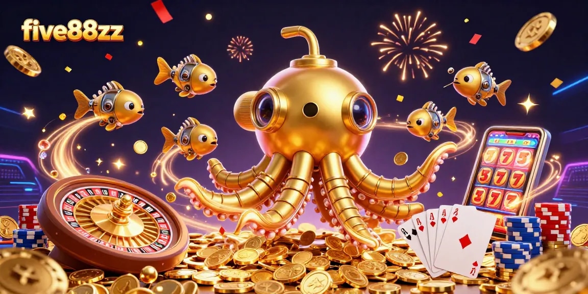 Immerse yourself in five88zz's vibrant gaming universe with cascading coins and playful characters.