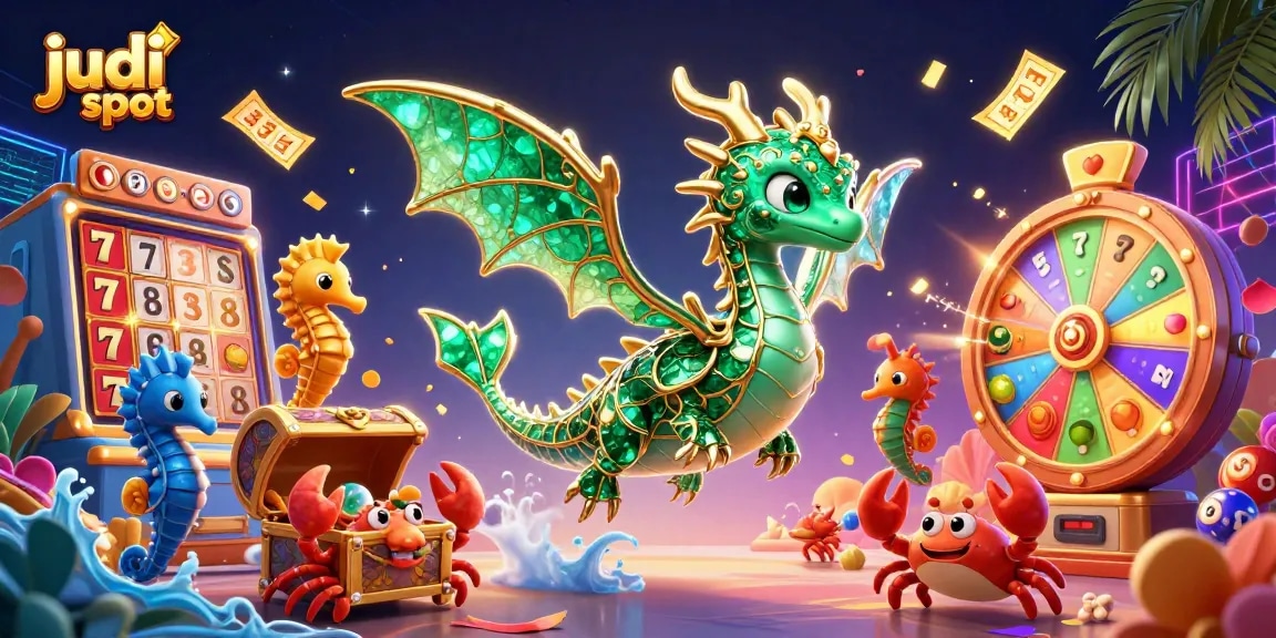 Experience thrilling judi slot action with vibrant slot reels, lucky symbols, and lively characters in a dynamic scene.