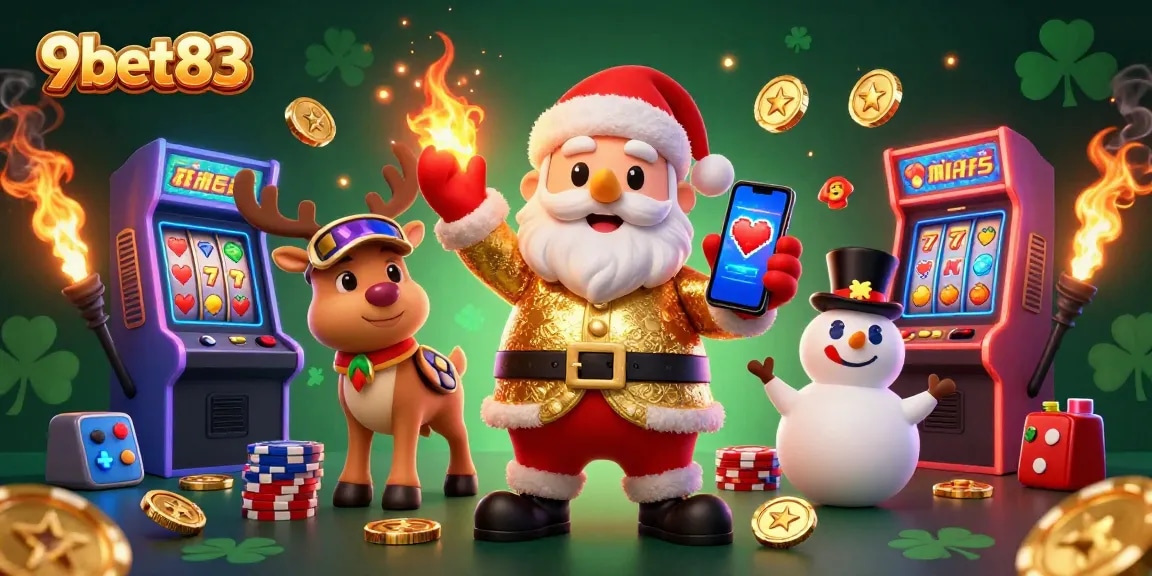 Engage with thrilling slots at 9bet83, featuring a vibrant casino scene with Santa and friends!